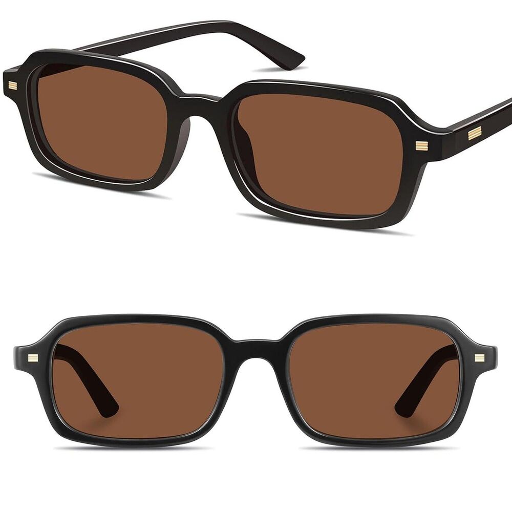 Women's Black Brown Narrow Rectangle Retro 90s Small Frame Fashion Sunglasses